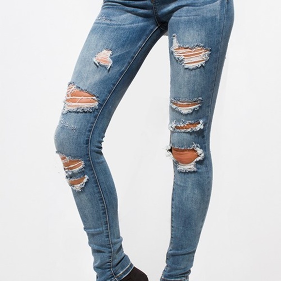 BLUE WASHED DENIM MID RISE DESTROYED RIPPED SKINNY - Picture 3 of 5